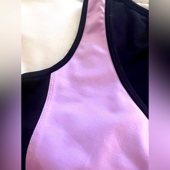 Black and Purple Sport Bra V-Neck Colorblocks Mesh Raceback - Picture 5 of 7